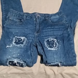 Almost Famous Jeans w/ Patched Ripped w/ Pearls & Gems
